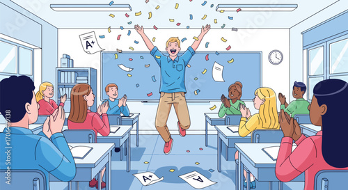 Illustration of happy student celebrating excellent exam results with A+ grade while classmates applaud, symbolizing academic success, achievement, motivation, and positive learning environment