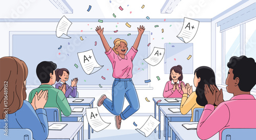 Illustration of happy student celebrating excellent exam results with A+ grade while classmates applaud, symbolizing academic success, achievement, motivation, and positive learning environment