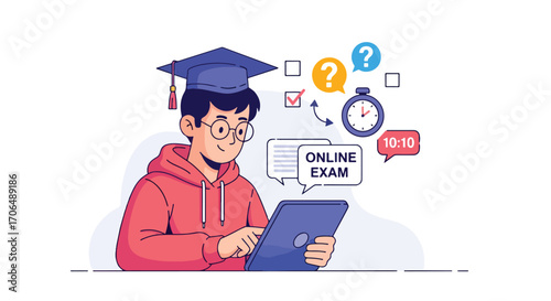 Vector illustration of student in graduation cap taking an online exam on tablet, showing checklist, timer, and digital learning icons, ideal for education, e-learning, and academic concepts
