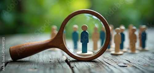 Magnifying glass examines group of people figurines, focusing on one blue figure. Represents customer analysis, recruitment, targeted marketing strategies. Detailed observation of individuals within