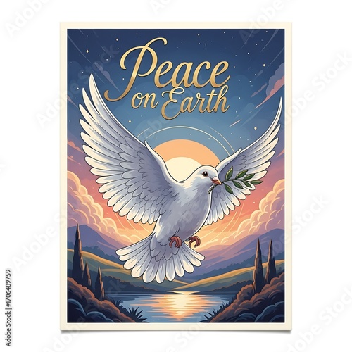 White dove with olive branch flying over a serene landscape at sunset, symbolizing peace on earth and hope