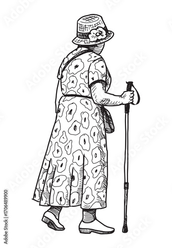 Elderly elegant woman in hat with cane and handbag walking outdoors alone, side view, vector realistic outline hand drawing