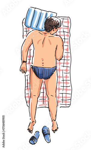 One young man in beach holiday, summer vacation, lying on seashore, tanned, relaxing, realistic outline hand drawings, vector illustration