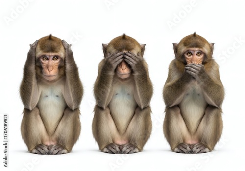 Three monkeys on a white background. One monkey covers its ears, the second its eyes, the third its mouth. Kikazaru, Iwazaru, Mizaru on a white background	