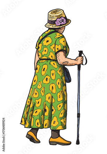Elderly elegant woman in hat, green dress with cane and handbag walking outdoors alone, side view, vector realistic hand drawing
