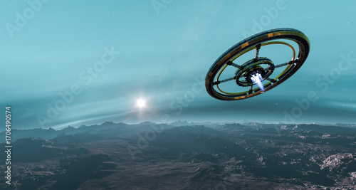 Fototapeta Naklejka Na Ścianę i Meble -  Futuristic Orbital Space Station Over Alien Planet Surface at Sunrise