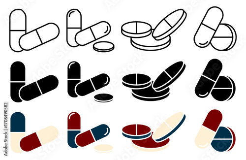 Medicine pills icon set