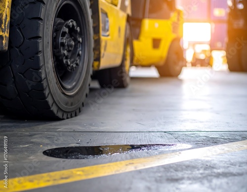Industrial forklift parked, oil spill
