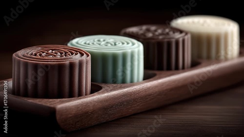Exquisite Pastries Displayed on a Wooden Tray Exuding Oriental Charm