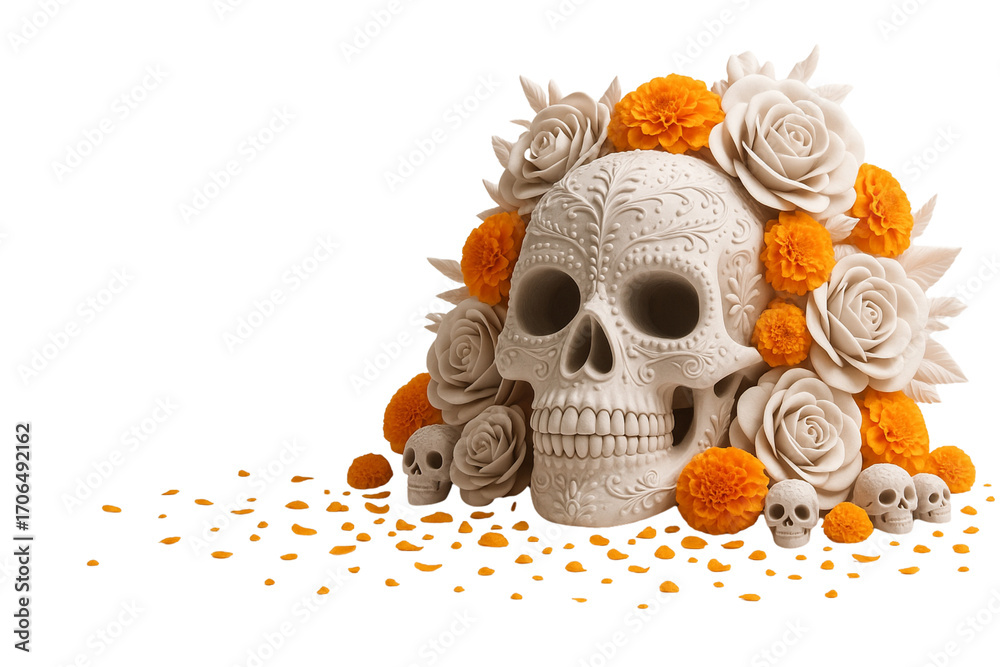 Fototapeta premium A vibrant Neon sugar skull adorned with colorful floral patterns, representing the spirit of Día de los Muertos, celebrating life, death, and Mexican tradition, transparent background. generative ai