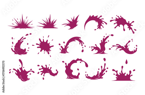 Magenta Liquid Splashes and Bursts Silhouettes on White Background water paint
