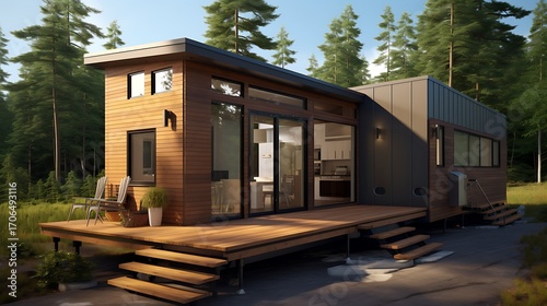 Modern tiny house nestled in a serene forest setting, showcasing minimalist living in nature