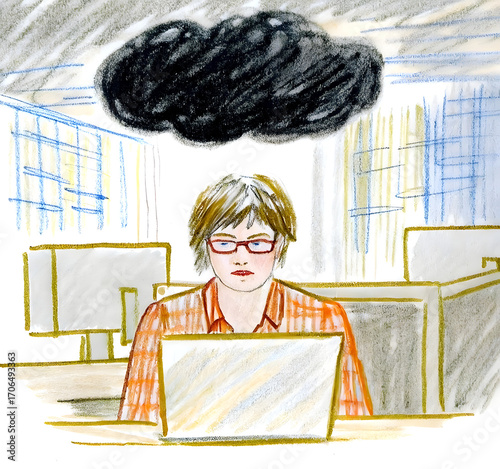 Children’s Crayon Drawing of a Sad Woman with a Dark Cloud over Her Head in an Office