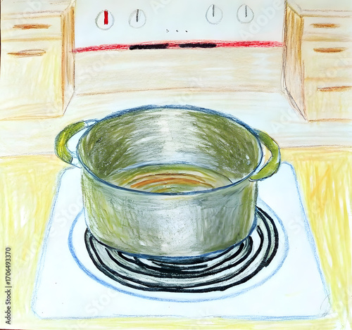 Children’s Crayon Drawing of an Empty Pot on the Stove
