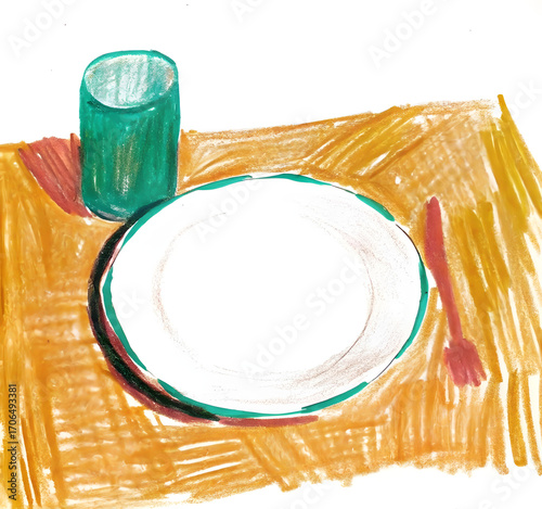Children’s Crayon Drawing of an Empty Plate on the Table