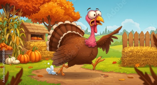A comical cartoon turkey running away in panic, autumn season escape
