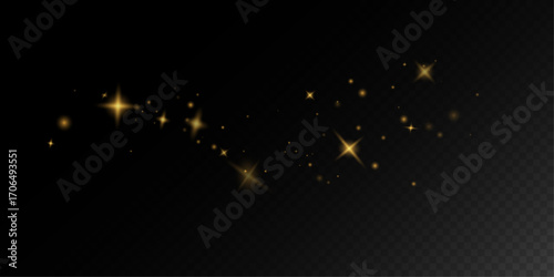 Magical gold sparkle dust swirl isolated festive light effect on dark background.