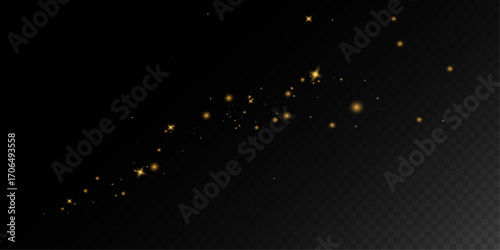 Golden glitter sparkle trail with glowing light effects on transparent background.