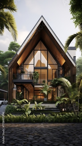 Modern tropical dwelling amidst lush foliage, showcasing architectural elegance and integration