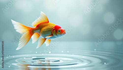 Orange goldfish Carassius auratus swimming in clear water creating ripples. Goldfish gracefully glides through water, its fins shimmering. Image of goldfish perfect for aquarium websites, pet stores,