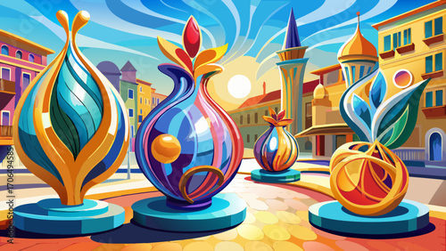 Murano glass sculptures glowing under sunlight, vibrant colors and delicate curves embodying Italian craftsmanship and luxury.