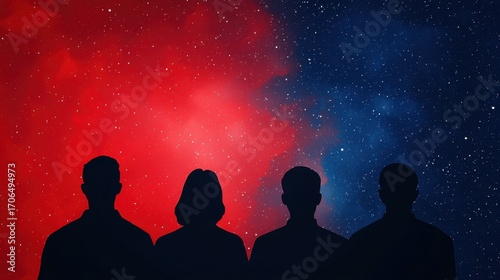 Silhouettes of four people against a vibrant cosmic background of red and blue hues, filled with twinkling stars.