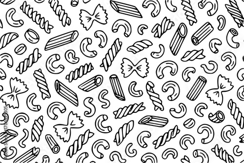 Pattern of pasta of different shapes and lengths