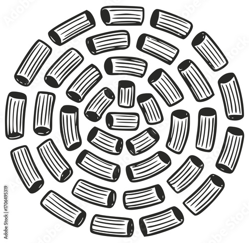 The cylindrical pasta lies in a circle shape