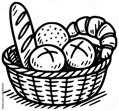 Bread basket with different types of flour products. Vector bread and buns