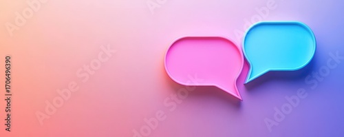 Two stylized speech bubbles in pink and blue against a gradient background, symbolizing communication and conversation.