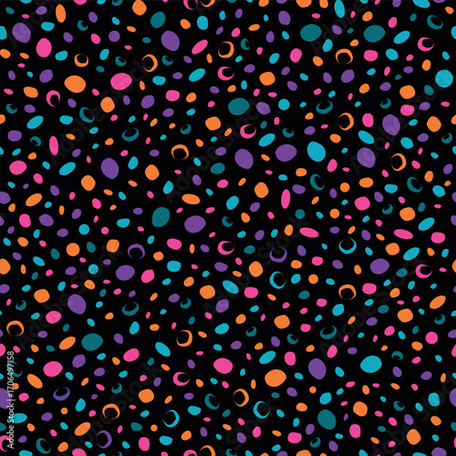 Playful seamless pattern featuring colorful scattered dots in bright orange, pink, teal, and purple on a dark background. A versatile and festive design, perfect for textiles, wallpaper projects.