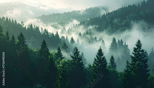 Bosque de pinos envuelto en niebla entre montañas verdes, paisaje natural misterioso y tranquilo con atmósfera serena