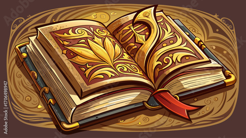 Open antique book with golden-etched lettering and velvet bookmark, a whisper of history and knowledge resting quietly.