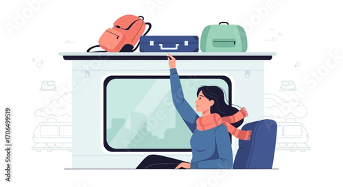 Woman Reaching For Luggage On Train Travel Ready For Adventure Journey