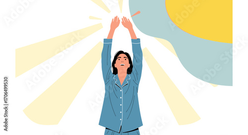 Woman Reaching Towards Sunlight, Symbolizing Hope and Positivity, Vector Illustration