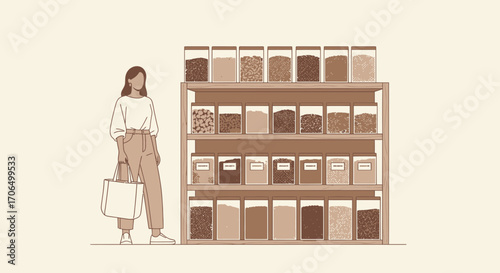 Woman Reaching Sustainable Goods, Minimalist Illustration of Eco-Friendly Shopping Experience