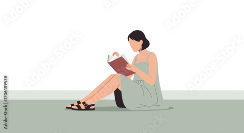 Woman Reading A Book While Sitting, Minimalist Illustration For Relaxation And Leisure