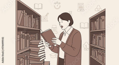 Woman Reading A Book In A Library, Concept Illustration Of Knowledge And Information