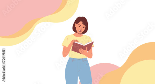 Woman Reading A Book With An Abstract Colorful Background Illustration
