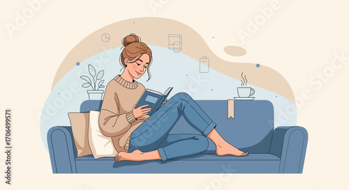 Woman Reading at Home, Cozy Scene Illustrating Relaxation and Comfort in Modern Style