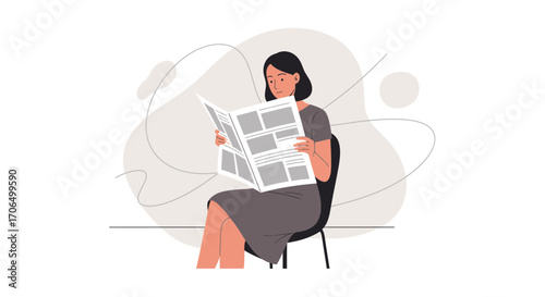 Woman Reading Newspaper, Contemporary Illustration, Modern Female Portrait, Minimalist Art Style
