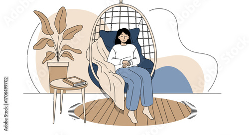 Woman Relaxing In Swing Chair, Surrounded by Plants, Calmness and Relaxation