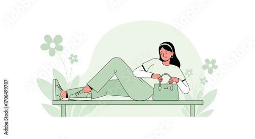 Woman Relaxing On A Bench, Holding A Handbag, Enjoying A Tranquil Moment