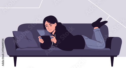 Woman Relaxing on Couch, Playing Video Games, Enjoying Leisure Time at Home