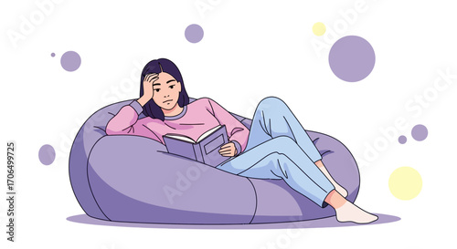 Woman Relaxing On Beanbag Reading Book, Showing Boredom Or Contemplation In Home