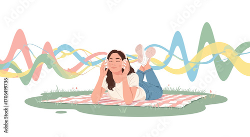 Woman Relaxing Outdoors While Listening To Music With Colorful Audio Waves