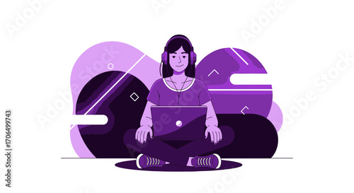 Woman Relaxing While Listening Music And Working On Her Laptop, A Modern Lifestyle