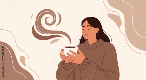 Woman Relaxing While Drinking Coffee, Enjoying Warmth And Aroma In The Morning
