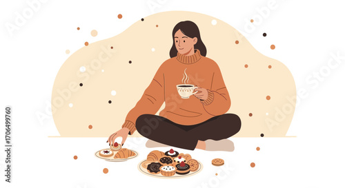 Woman Relaxing With Coffee and Sweets, Enjoying a Moment of Leisure and Joy