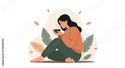 Woman Relaxing With Warm Drink Amidst Nature Environment: Calmness and Peace.